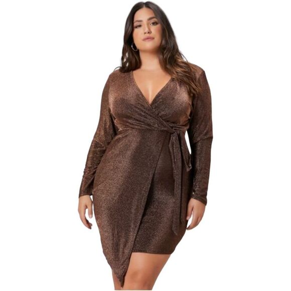 SHEIN BAE Bronze Plus Surplice Neck Wrap Knot Glitter Dress - Picture 1 of 11